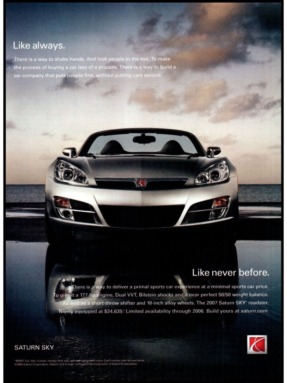 2006 Saturn Sky Convertible Roadster Vintage Print Ad Beach Coastline Wall Art